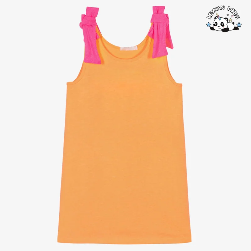 LEZONKIDS - Vestido de verão sem manga para meninas, padrão de algodão, laranja, comprimento do joelho